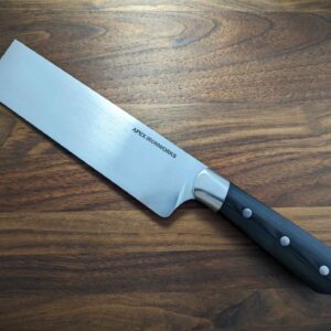 Apex Steel Works 7 inch S35VN Nakiri Chef's Knife black micarta 001 showing logo side of S35VN kitchen knife blade and black linen micarta handle