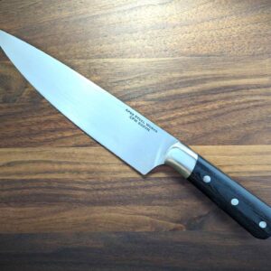 7 inch CPM S35VN chef's knife with black micarta handle and 304 stainless bolsters