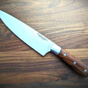 Apex Steel Works 8 inch S35VN Chef's Knife desert ironwood #002 001 showing logo side of S35VN blade and desert ironwood handle