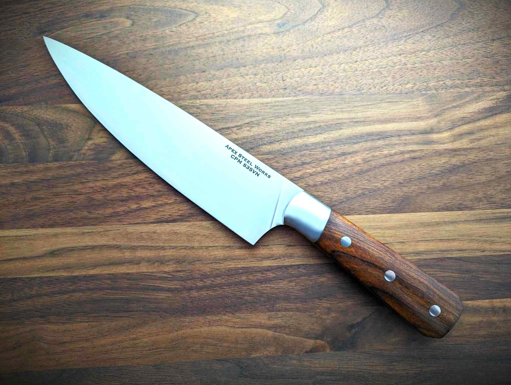 7 inch CPM S35VN chef's knife with black micarta handle and 304 stainless bolsters